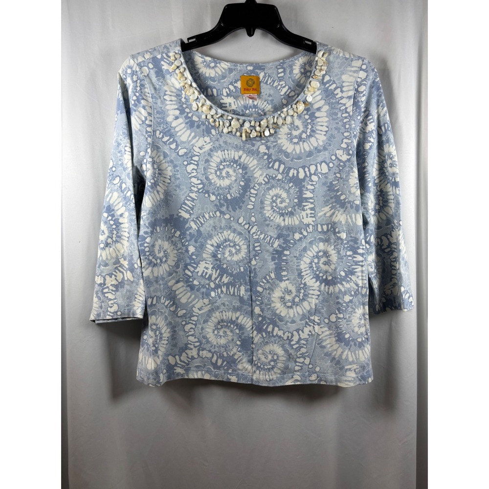 Ruby Rd Womens XL Blue White Tie Dye Beaded Shell Neck 3/4 Sleeve Knit Top